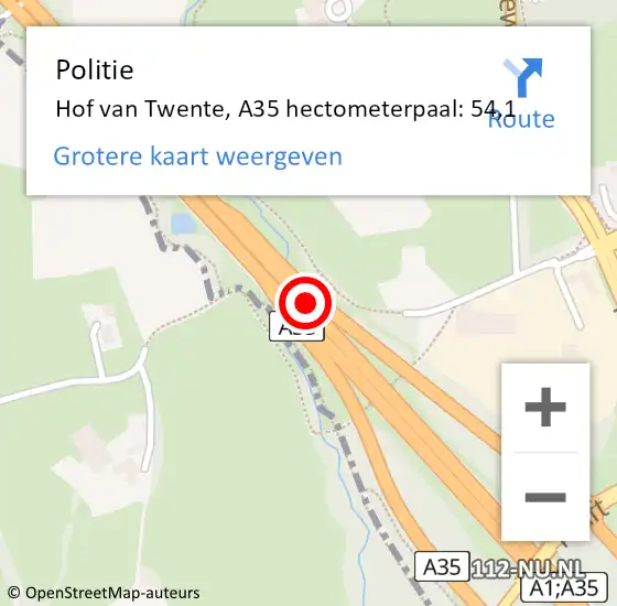 Locatie op kaart van de 112 melding: Politie Hof van Twente, A35 hectometerpaal: 54,1 op 7 oktober 2021 16:28