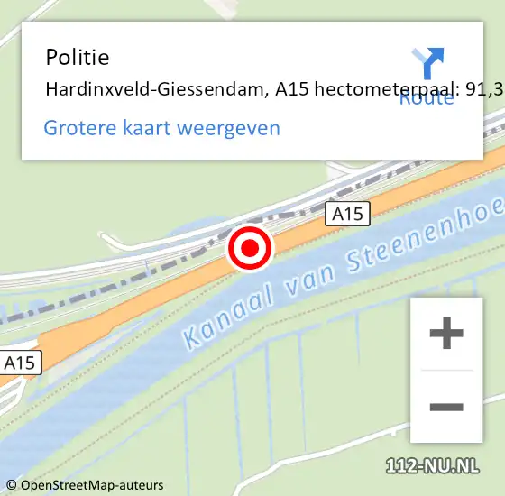 Locatie op kaart van de 112 melding: Politie Hardinxveld-Giessendam, A15 hectometerpaal: 91,3 op 7 oktober 2021 16:42