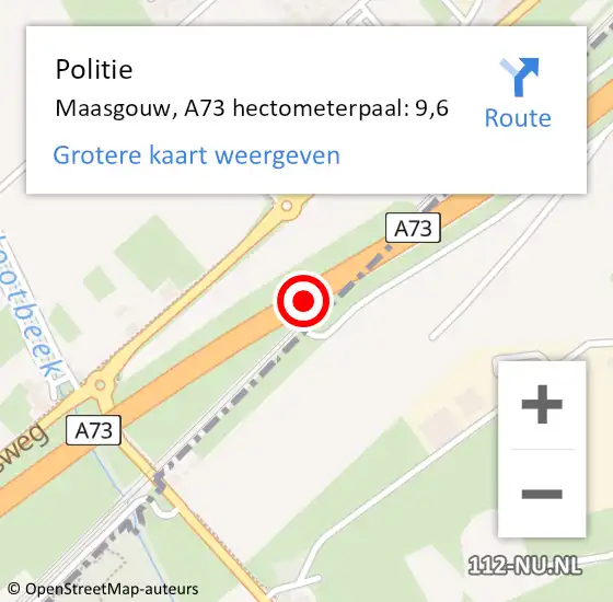 Locatie op kaart van de 112 melding: Politie Maasgouw, A73 hectometerpaal: 9,6 op 7 oktober 2021 16:45