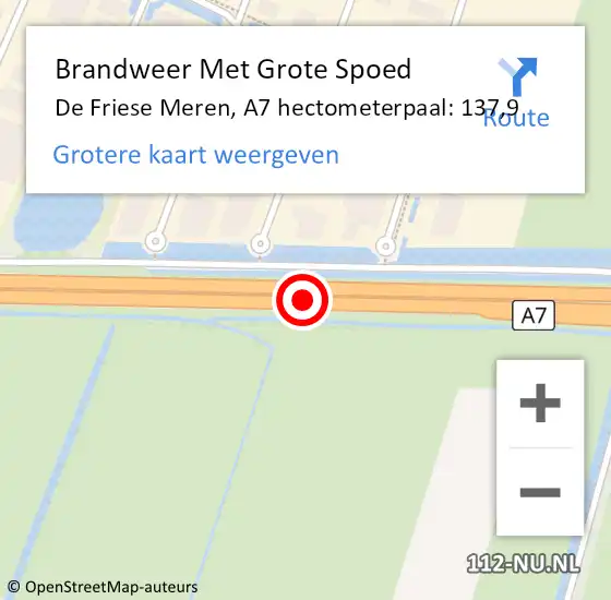 Locatie op kaart van de 112 melding: Brandweer Met Grote Spoed Naar De Friese Meren, A7 hectometerpaal: 137,9 op 7 oktober 2021 20:09