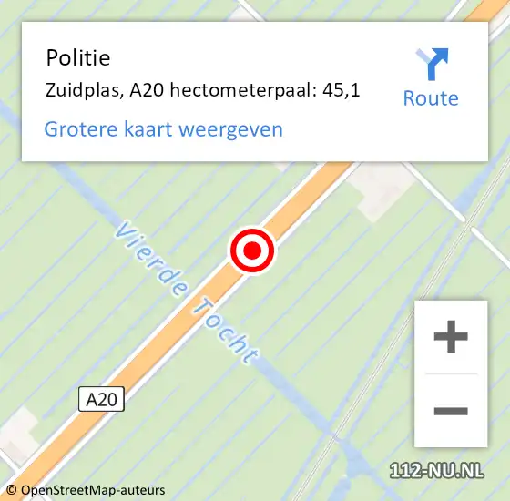 Locatie op kaart van de 112 melding: Politie Zuidplas, A20 hectometerpaal: 45,1 op 7 oktober 2021 20:19