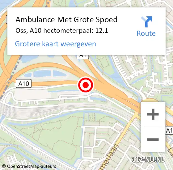 Locatie op kaart van de 112 melding: Ambulance Met Grote Spoed Naar Oss, A10 hectometerpaal: 12,1 op 7 oktober 2021 22:25