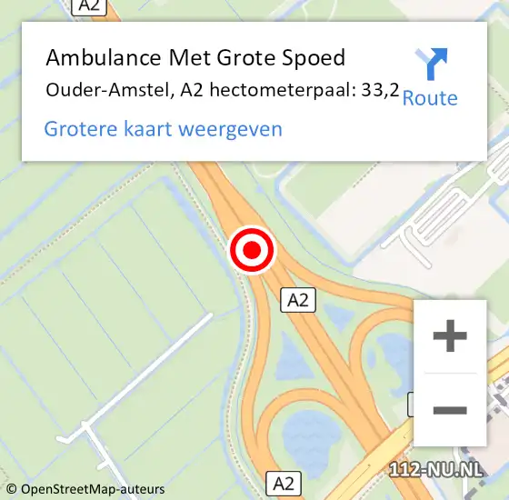 Locatie op kaart van de 112 melding: Ambulance Met Grote Spoed Naar Ouder-Amstel, A2 hectometerpaal: 33,2 op 8 oktober 2021 00:25