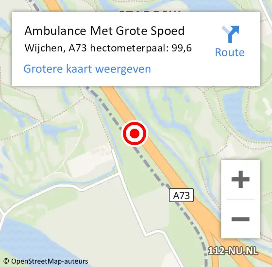 Locatie op kaart van de 112 melding: Ambulance Met Grote Spoed Naar Wijchen, A73 hectometerpaal: 99,6 op 8 oktober 2021 09:35