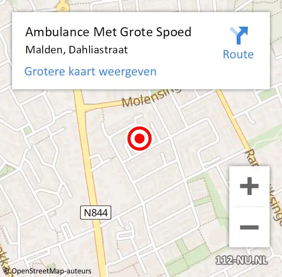 Locatie op kaart van de 112 melding: Ambulance Met Grote Spoed Naar Malden, Dahliastraat op 8 oktober 2021 10:24