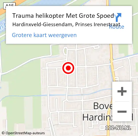 Locatie op kaart van de 112 melding: Trauma helikopter Met Grote Spoed Naar Hardinxveld-Giessendam, Prinses Irenestraat op 8 oktober 2021 12:24