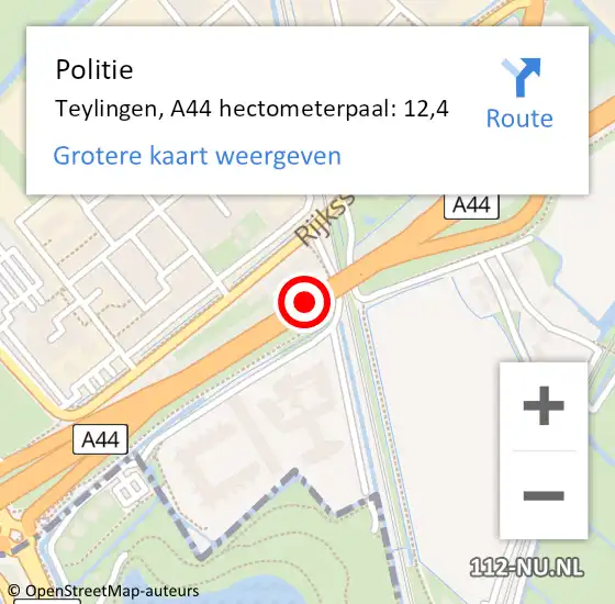 Locatie op kaart van de 112 melding: Politie Teylingen, A44 hectometerpaal: 12,4 op 8 oktober 2021 12:33