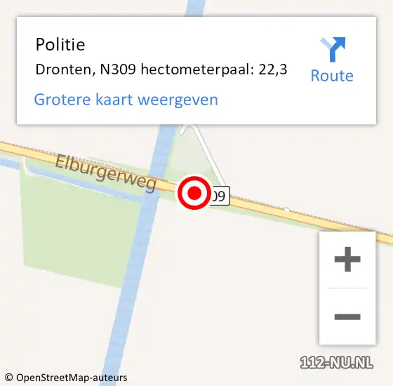 Locatie op kaart van de 112 melding: Politie Dronten, N309 hectometerpaal: 22,3 op 8 oktober 2021 13:13