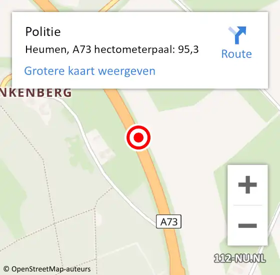 Locatie op kaart van de 112 melding: Politie Heumen, A73 hectometerpaal: 95,3 op 8 oktober 2021 13:16