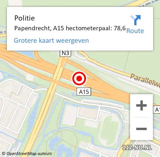 Locatie op kaart van de 112 melding: Politie Papendrecht, A15 hectometerpaal: 78,6 op 8 oktober 2021 14:04