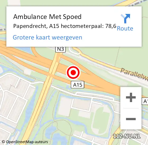Locatie op kaart van de 112 melding: Ambulance Met Spoed Naar Papendrecht, A15 hectometerpaal: 78,6 op 8 oktober 2021 14:05