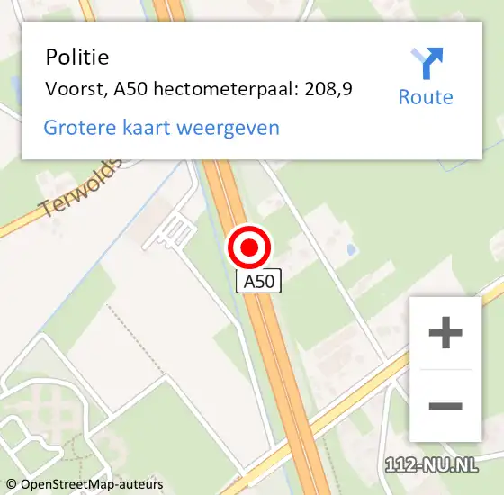 Locatie op kaart van de 112 melding: Politie Voorst, A50 hectometerpaal: 208,9 op 8 oktober 2021 14:13