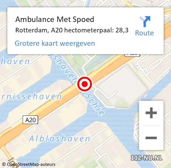Locatie op kaart van de 112 melding: Ambulance Met Spoed Naar Rotterdam, A20 hectometerpaal: 28,3 op 8 oktober 2021 14:45
