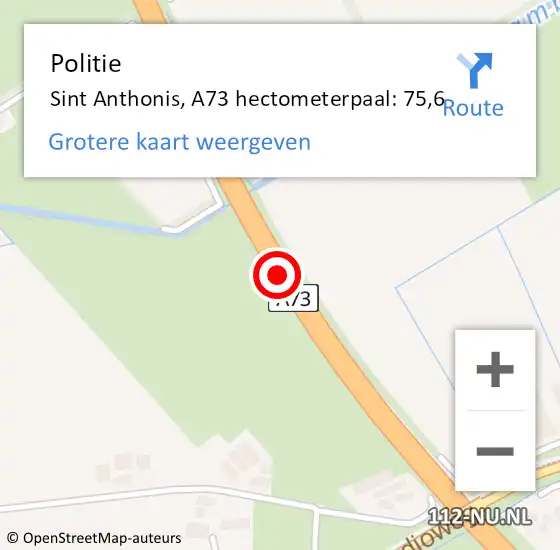 Locatie op kaart van de 112 melding: Politie Sint Anthonis, A73 hectometerpaal: 75,6 op 8 oktober 2021 15:34