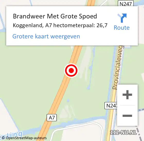 Locatie op kaart van de 112 melding: Brandweer Met Grote Spoed Naar Koggenland, A7 hectometerpaal: 26,7 op 8 oktober 2021 15:34