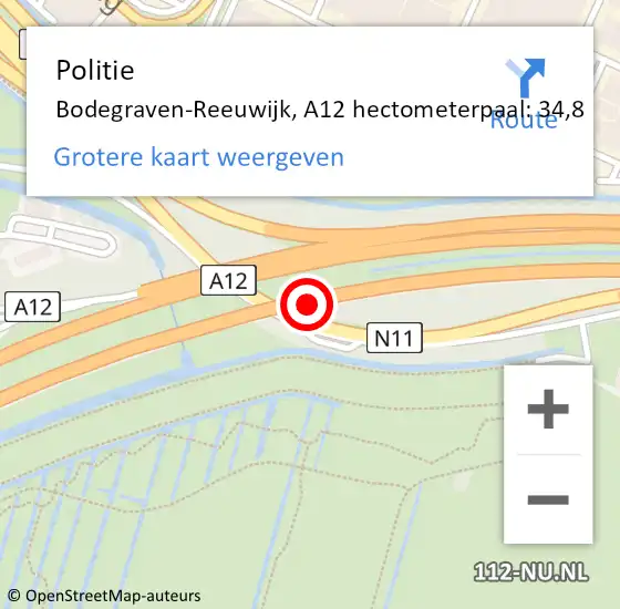 Locatie op kaart van de 112 melding: Politie Bodegraven-Reeuwijk, A12 hectometerpaal: 34,8 op 8 oktober 2021 16:07