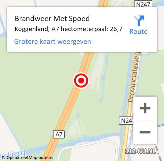 Locatie op kaart van de 112 melding: Brandweer Met Spoed Naar Koggenland, A7 hectometerpaal: 26,7 op 8 oktober 2021 16:09