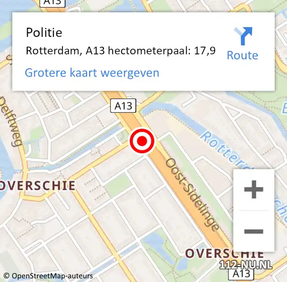 Locatie op kaart van de 112 melding: Politie Rotterdam, A13 hectometerpaal: 17,9 op 8 oktober 2021 16:24