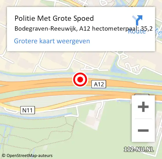 Locatie op kaart van de 112 melding: Politie Met Grote Spoed Naar Bodegraven-Reeuwijk, A12 hectometerpaal: 35,2 op 8 oktober 2021 16:35