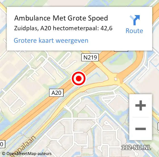 Locatie op kaart van de 112 melding: Ambulance Met Grote Spoed Naar Zuidplas, A20 hectometerpaal: 42,6 op 8 oktober 2021 17:01