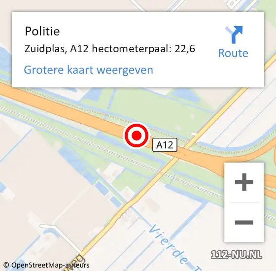 Locatie op kaart van de 112 melding: Politie Zuidplas, A12 hectometerpaal: 22,6 op 8 oktober 2021 17:38