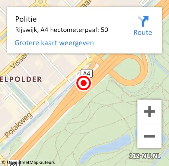Locatie op kaart van de 112 melding: Politie Rijswijk, A4 hectometerpaal: 50 op 8 oktober 2021 18:41