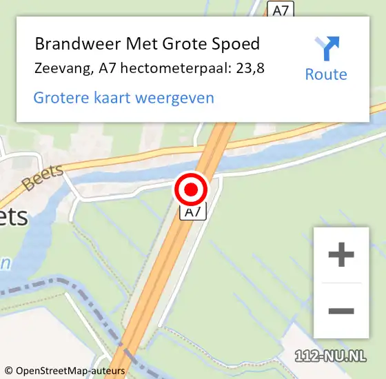 Locatie op kaart van de 112 melding: Brandweer Met Grote Spoed Naar Zeevang, A7 hectometerpaal: 23,8 op 8 oktober 2021 19:17