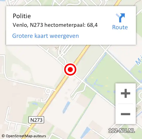 Locatie op kaart van de 112 melding: Politie Venlo, N273 hectometerpaal: 68,4 op 8 oktober 2021 19:24