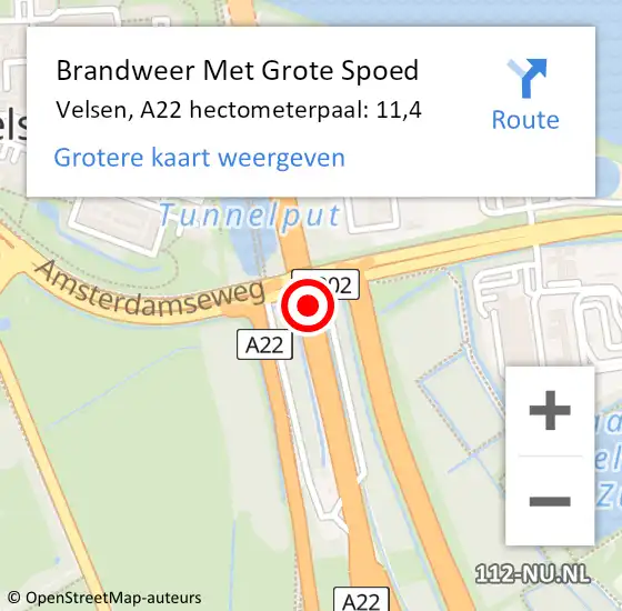 Locatie op kaart van de 112 melding: Brandweer Met Grote Spoed Naar Velsen, A22 hectometerpaal: 11,4 op 8 oktober 2021 19:53