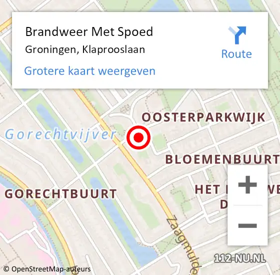 Locatie op kaart van de 112 melding: Brandweer Met Spoed Naar Groningen, Klaprooslaan op 8 oktober 2021 20:26