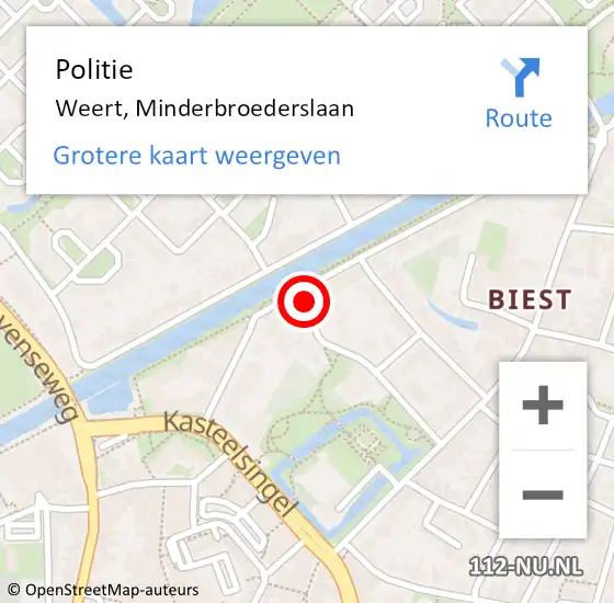 Locatie op kaart van de 112 melding: Politie Weert, Minderbroederslaan op 9 oktober 2021 03:03