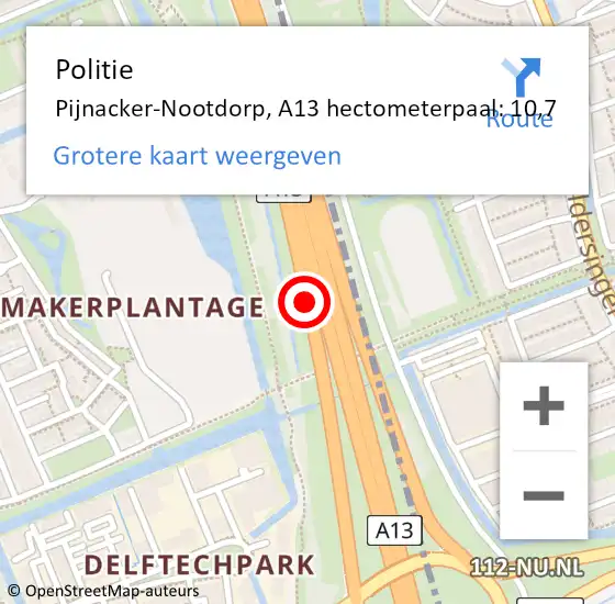 Locatie op kaart van de 112 melding: Politie Pijnacker-Nootdorp, A13 hectometerpaal: 10,7 op 9 oktober 2021 05:44