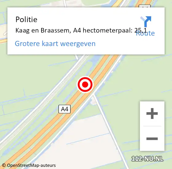 Locatie op kaart van de 112 melding: Politie Kaag en Braassem, A4 hectometerpaal: 25,1 op 9 oktober 2021 05:53