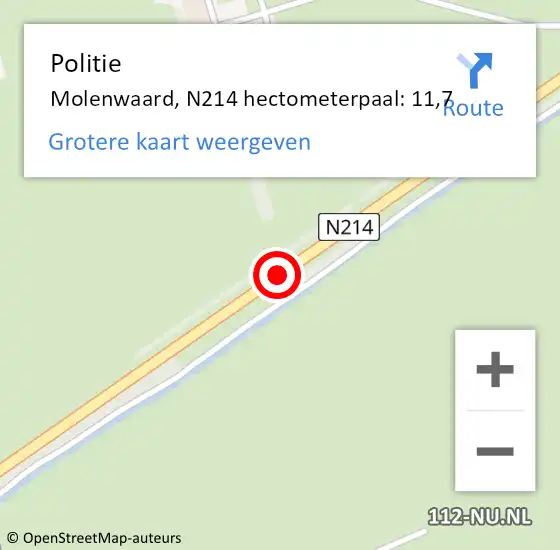 Locatie op kaart van de 112 melding: Politie Molenwaard, N214 hectometerpaal: 11,7 op 9 oktober 2021 10:04