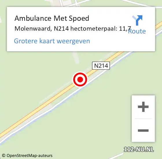 Locatie op kaart van de 112 melding: Ambulance Met Spoed Naar Molenwaard, N214 hectometerpaal: 11,7 op 9 oktober 2021 10:04