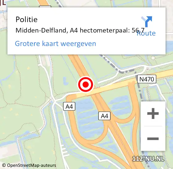 Locatie op kaart van de 112 melding: Politie Delft, A4 hectometerpaal: 56,7 op 9 oktober 2021 10:10