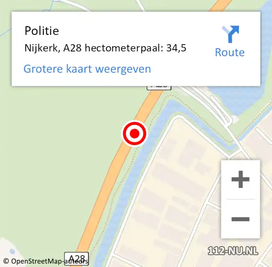 Locatie op kaart van de 112 melding: Politie Nijkerk, A28 hectometerpaal: 34,5 op 9 oktober 2021 10:28