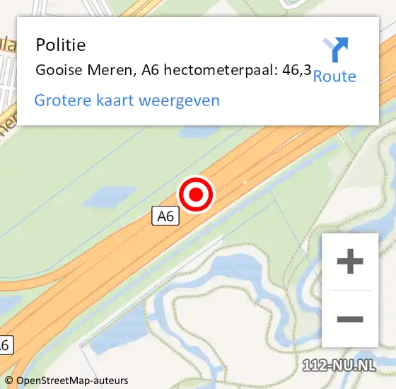 Locatie op kaart van de 112 melding: Politie Muiden, A6 hectometerpaal: 46,3 op 9 oktober 2021 10:55