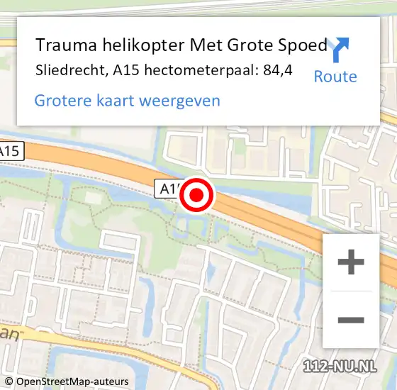 Locatie op kaart van de 112 melding: Trauma helikopter Met Grote Spoed Naar Sliedrecht, A15 hectometerpaal: 84,4 op 9 oktober 2021 11:14