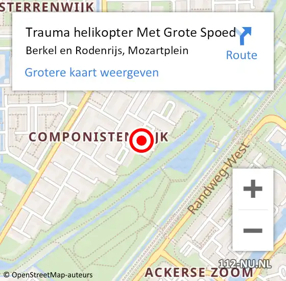 Locatie op kaart van de 112 melding: Trauma helikopter Met Grote Spoed Naar Berkel en Rodenrijs, Mozartplein op 9 oktober 2021 11:48