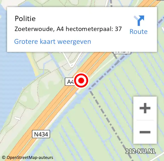 Locatie op kaart van de 112 melding: Politie Zoeterwoude, A4 hectometerpaal: 37 op 9 oktober 2021 14:19