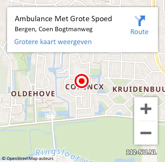 Locatie op kaart van de 112 melding: Ambulance Met Grote Spoed Naar Bergen, Coen Bogtmanweg op 9 oktober 2021 14:38