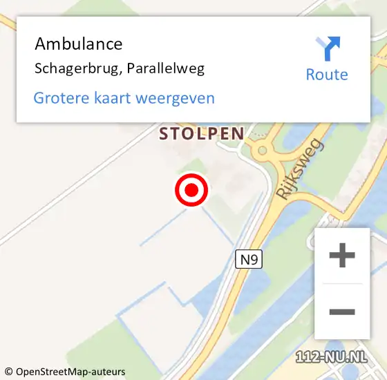 Locatie op kaart van de 112 melding: Ambulance Schagerbrug, Parallelweg op 9 oktober 2021 16:38