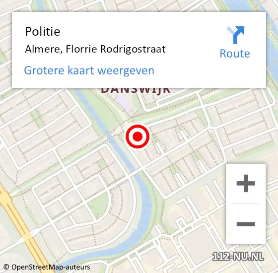 Locatie op kaart van de 112 melding: Politie Almere, Florrie Rodrigostraat op 9 oktober 2021 16:55