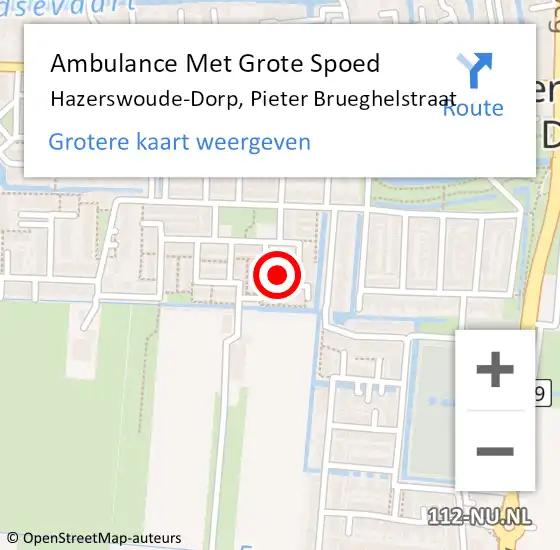 Locatie op kaart van de 112 melding: Ambulance Met Grote Spoed Naar Hazerswoude-Dorp, Pieter Brueghelstraat op 9 oktober 2021 17:48