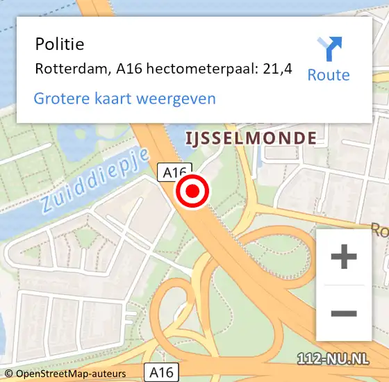 Locatie op kaart van de 112 melding: Politie Rotterdam, A16 hectometerpaal: 21,4 op 9 oktober 2021 18:43