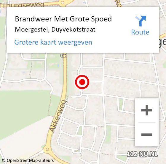 Locatie op kaart van de 112 melding: Brandweer Met Grote Spoed Naar Moergestel, Duyvekotstraat op 9 oktober 2021 19:30