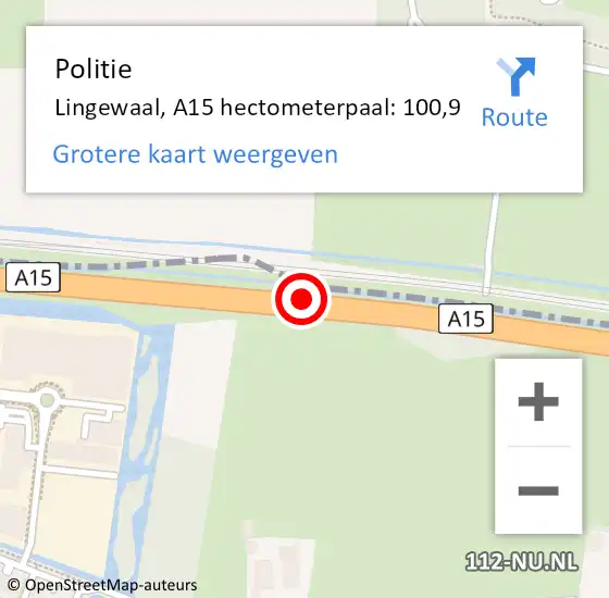 Locatie op kaart van de 112 melding: Politie Lingewaal, A15 hectometerpaal: 100,9 op 9 oktober 2021 23:28