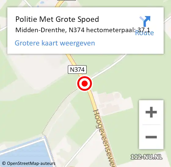 Locatie op kaart van de 112 melding: Politie Met Grote Spoed Naar Midden-Drenthe, N374 hectometerpaal: 37,1 op 10 oktober 2021 00:06