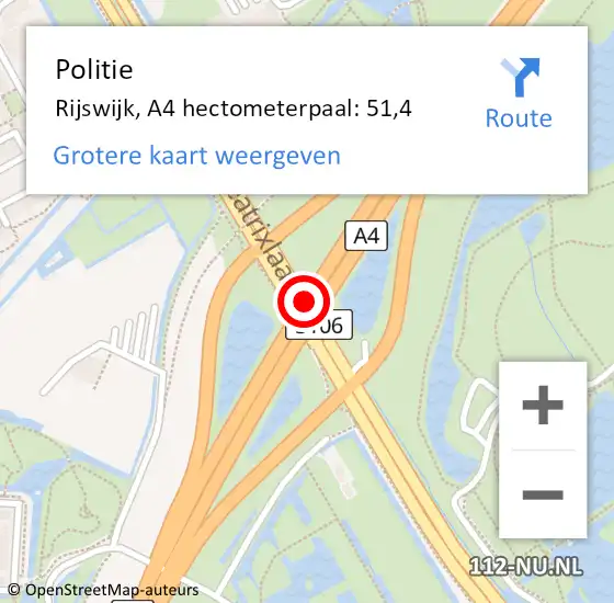 Locatie op kaart van de 112 melding: Politie Rijswijk, A4 hectometerpaal: 51,4 op 10 oktober 2021 02:26